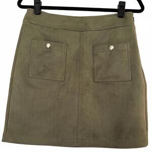 LOFT | Olive Green Faux Suede Mini Skirt Gold Detail NWT | Size 4